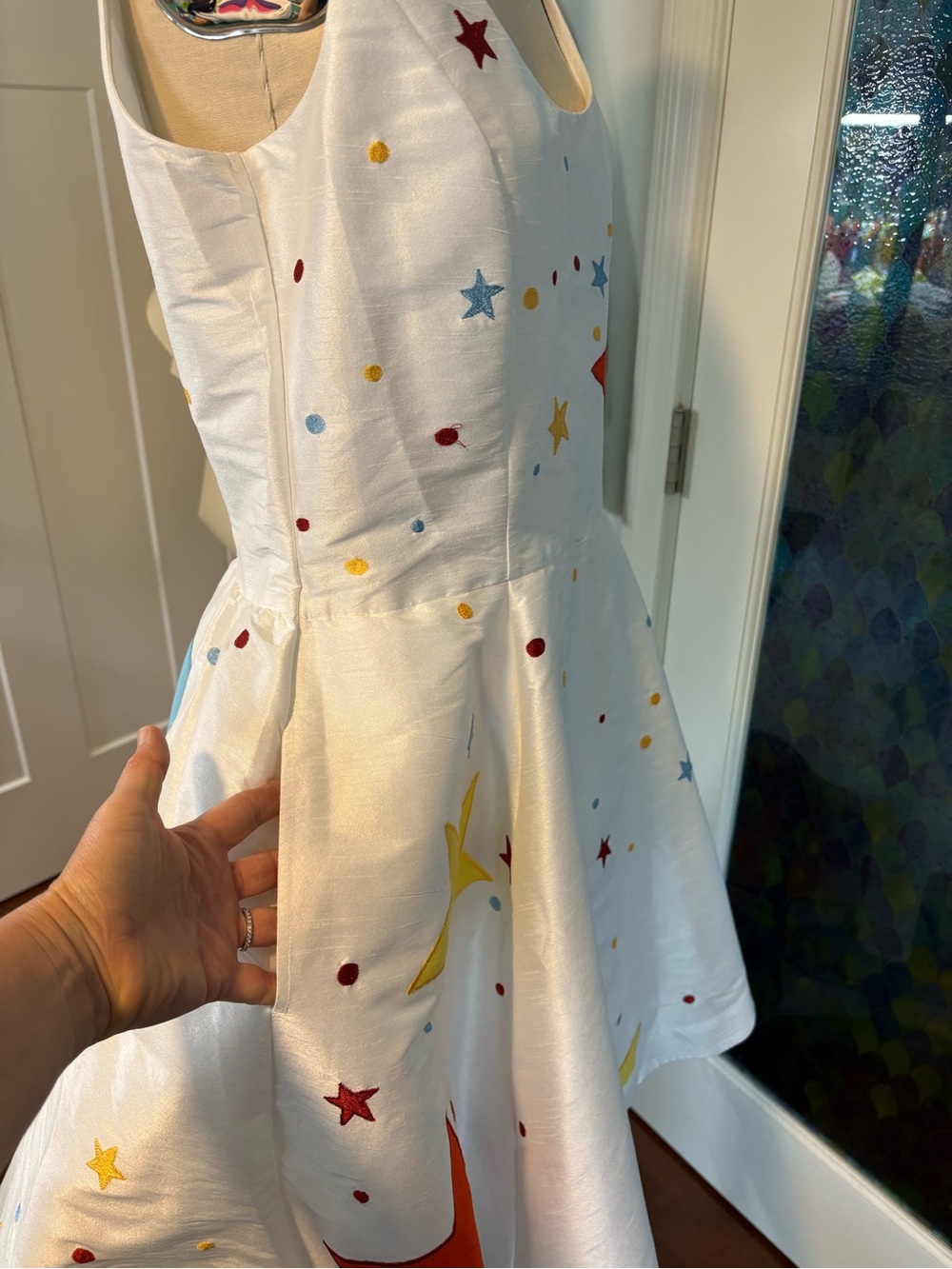 Raver, whimsical, galaxy dress - white sleeveless colorful Star Appliqués - Picture 4 of 14